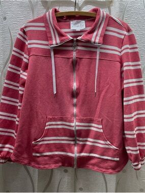 Compli K Zip Up Jacket Womens Large Pink Striped Excellent Mock Neck‎ Drawstring